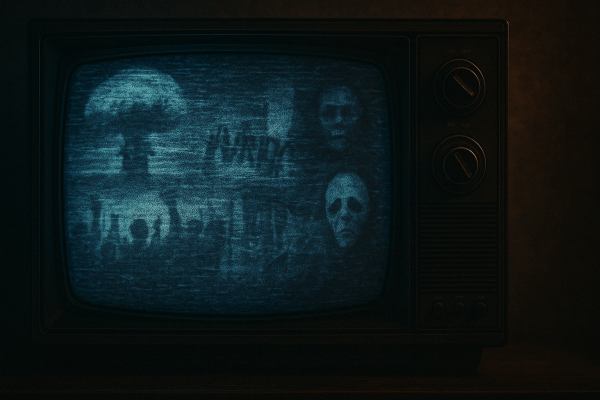 A vintage television screen displays static, with faint images of societal unrest and horror icons emerging from the noise, symbolizing the intertwining of media, horror, and cultural fears.