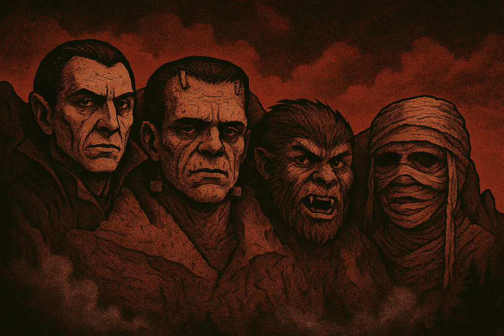 The Golden Age of Horror Mt. Rushmore. A stylized tribute to the original icons of horror, this comic-inspired illustration transforms four legendary archetypes.