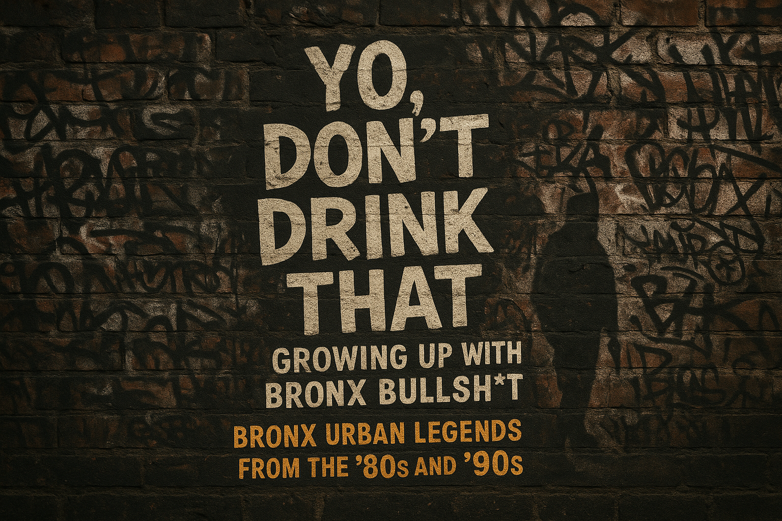 Grimy urban alley with flickering payphone, spilled cheap soda bottle glowing on the pavement, and graffiti-styled title “Yo, Don’t Drink That” across a brick wall.